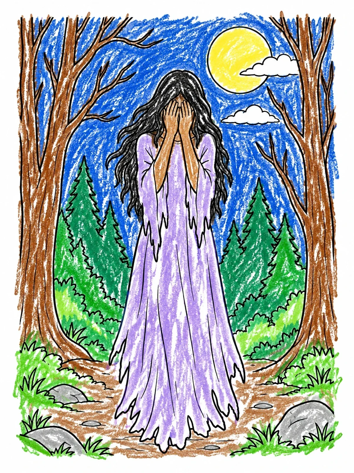 Colored example of the Ghostly Woman Crying In Forest coloring page