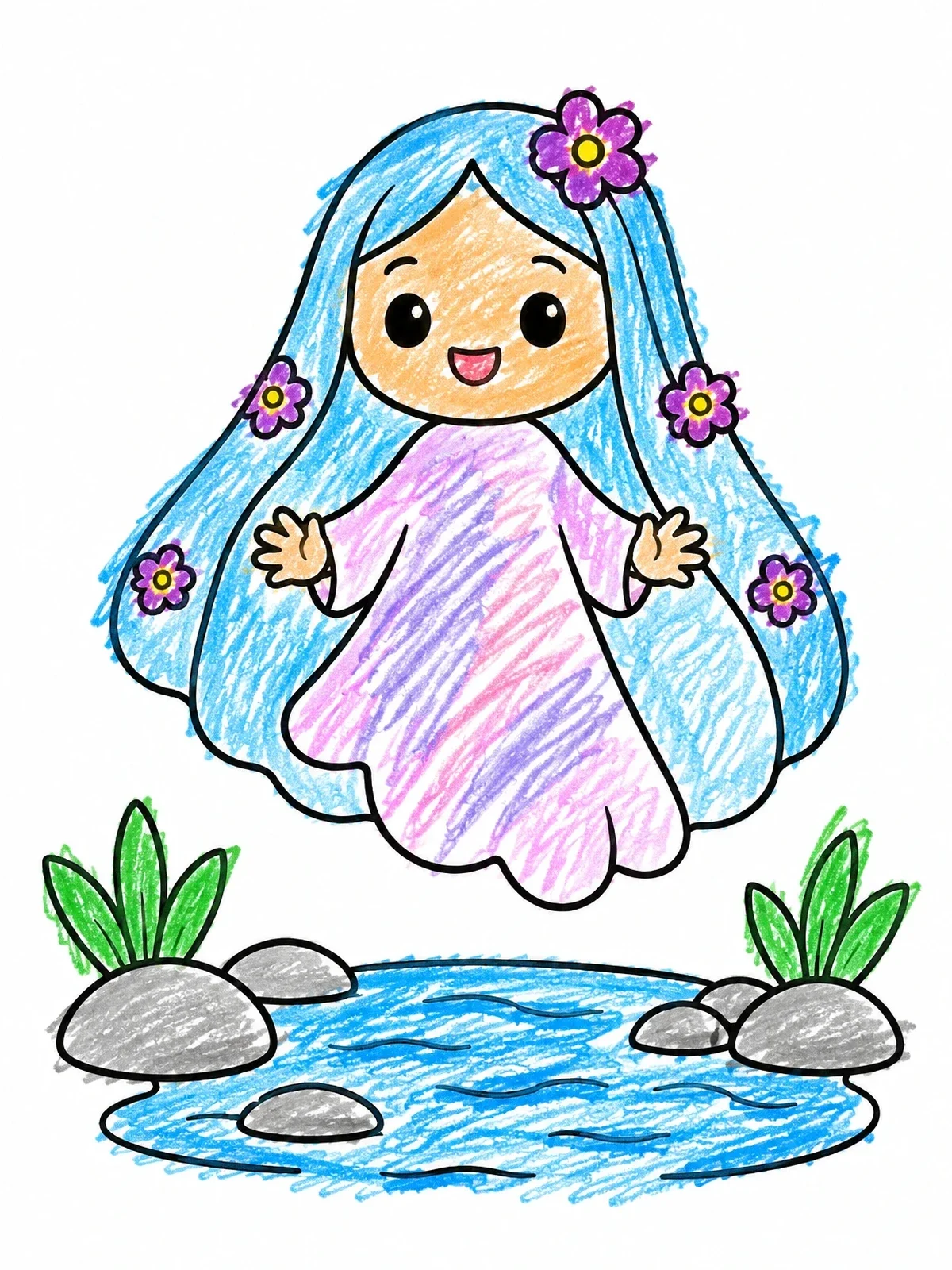 Colored example of the Cute Ghost Girl Floating Over Water coloring page
