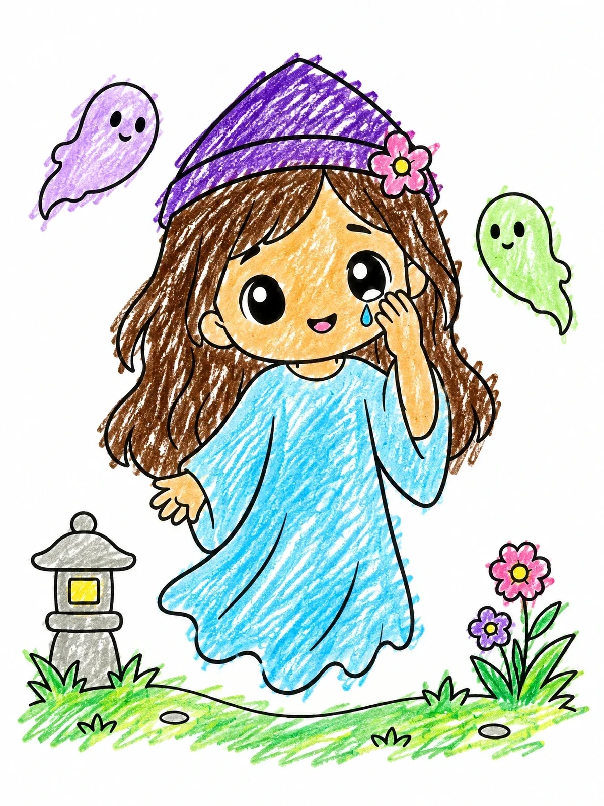 Colored example of the Cute Ghost Girl With Floating Spirits coloring page