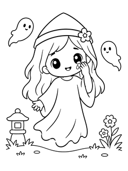 Free printable Cute Ghost Girl With Floating Spirits coloring page