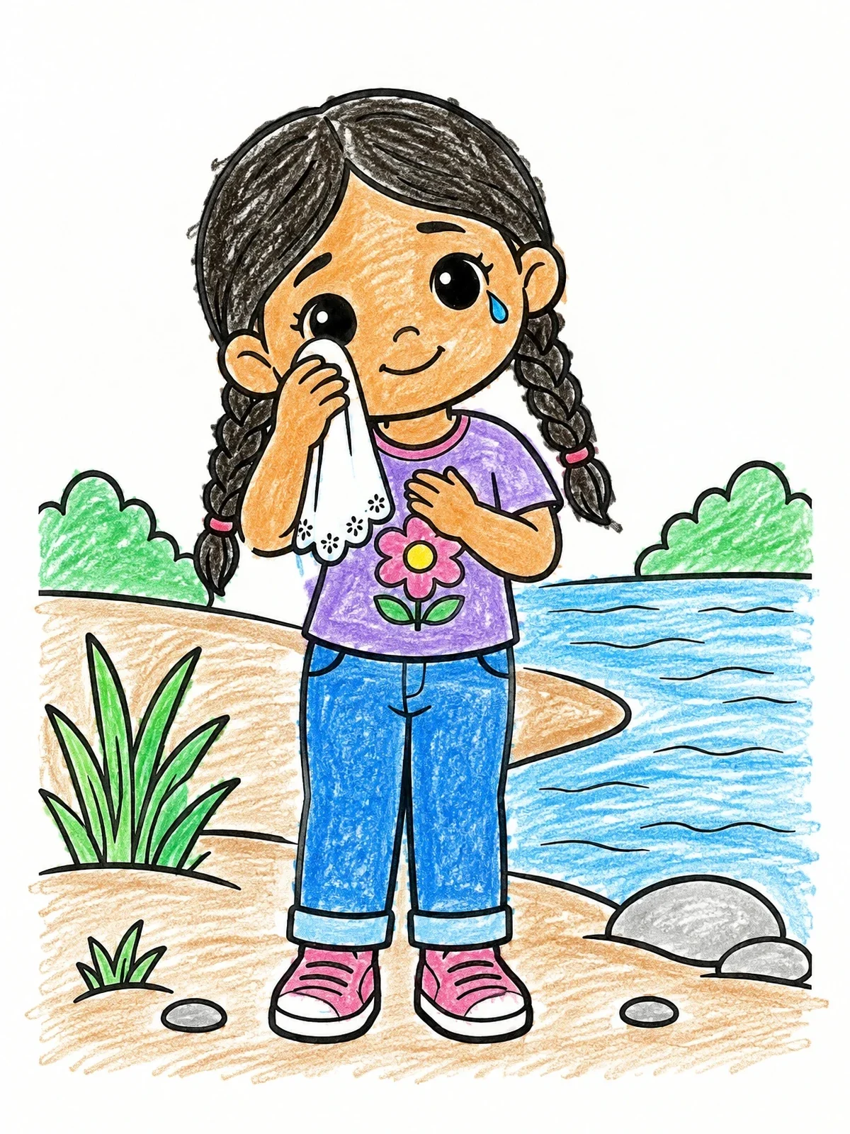 Colored example of the Cute Little Girl Crying By The River coloring page