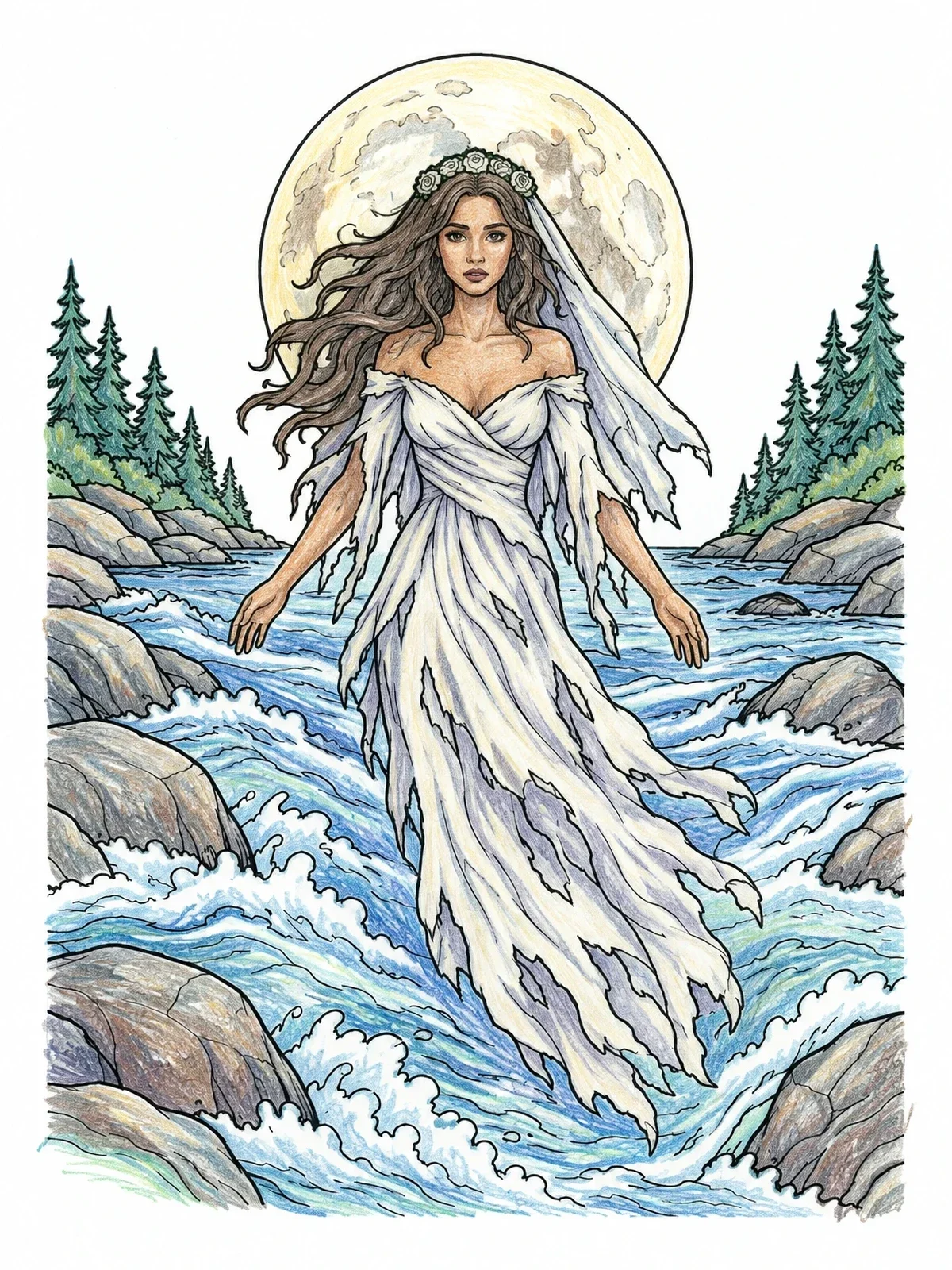 Colored example of the La Llorona Floating Over River coloring page