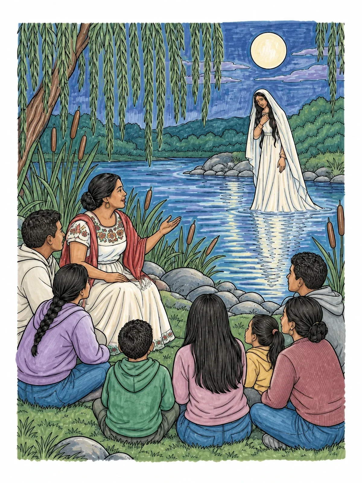 Colored example of the La Llorona Folklore Storytelling Scene coloring page