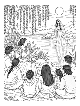 Free printable La Llorona Folklore Storytelling Scene coloring page