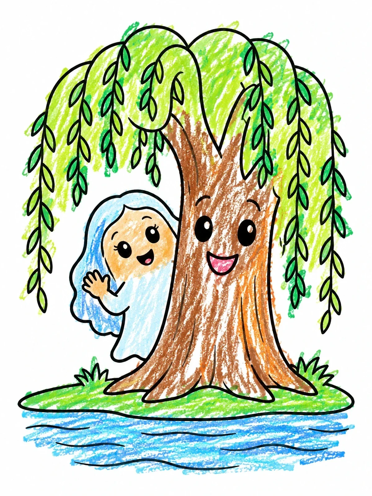 Colored example of the Friendly Ghost Behind Smiling Willow Tree coloring page