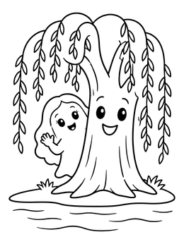 Free printable Friendly Ghost Behind Smiling Willow Tree coloring page