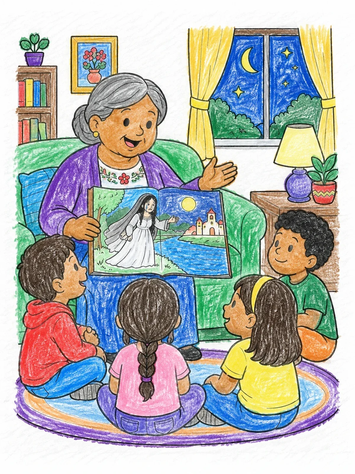 Colored example of the Grandmother Sharing Folklore Story With Children coloring page