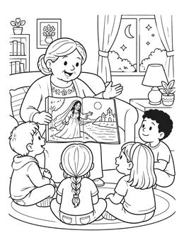 Free printable Grandmother Sharing Folklore Story With Children coloring page