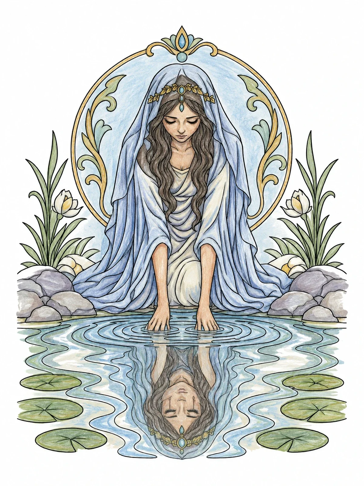 Colored example of the La Llorona Grieving At The River coloring page