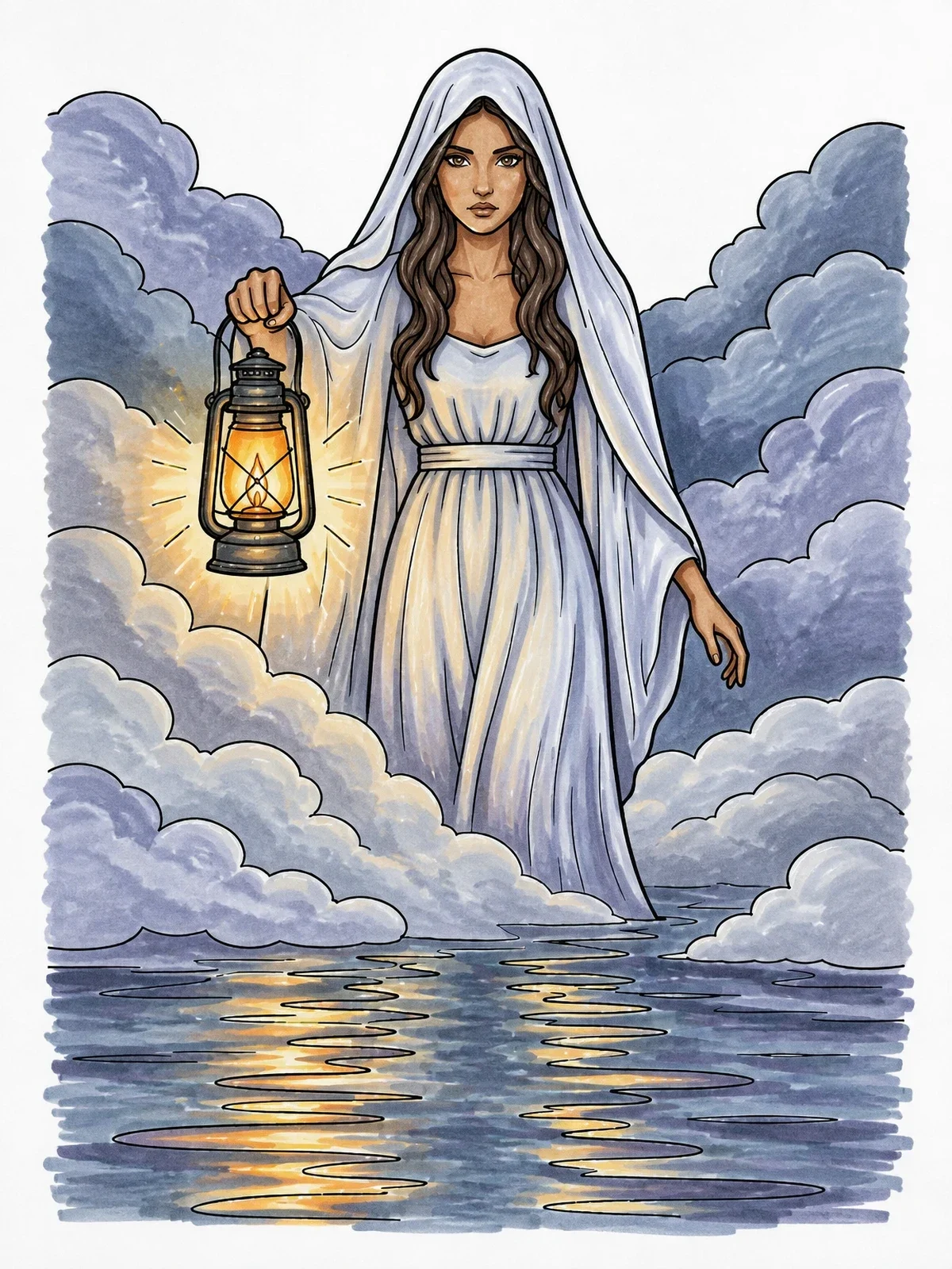 Colored example of the La Llorona Emerging From River Fog coloring page