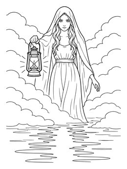 Free printable La Llorona Emerging From River Fog coloring page