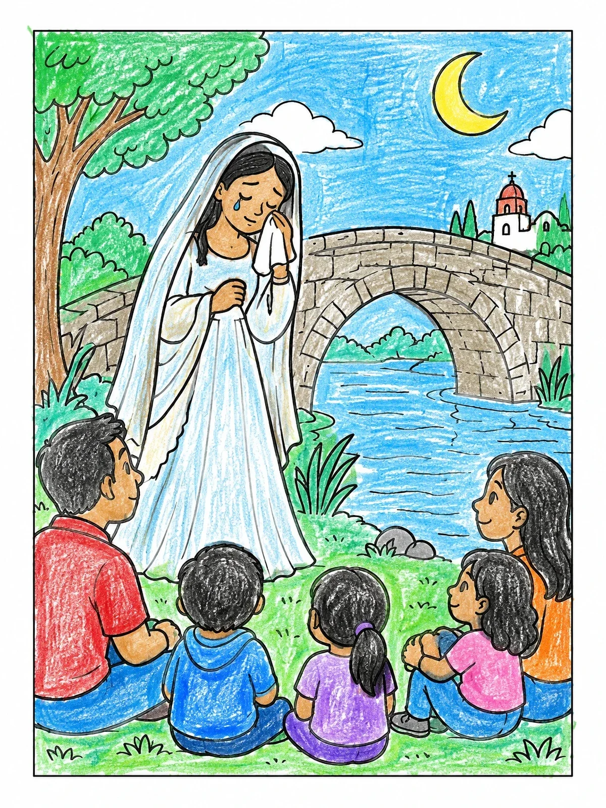 Colored example of the La Llorona Telling Her Tale By The River coloring page