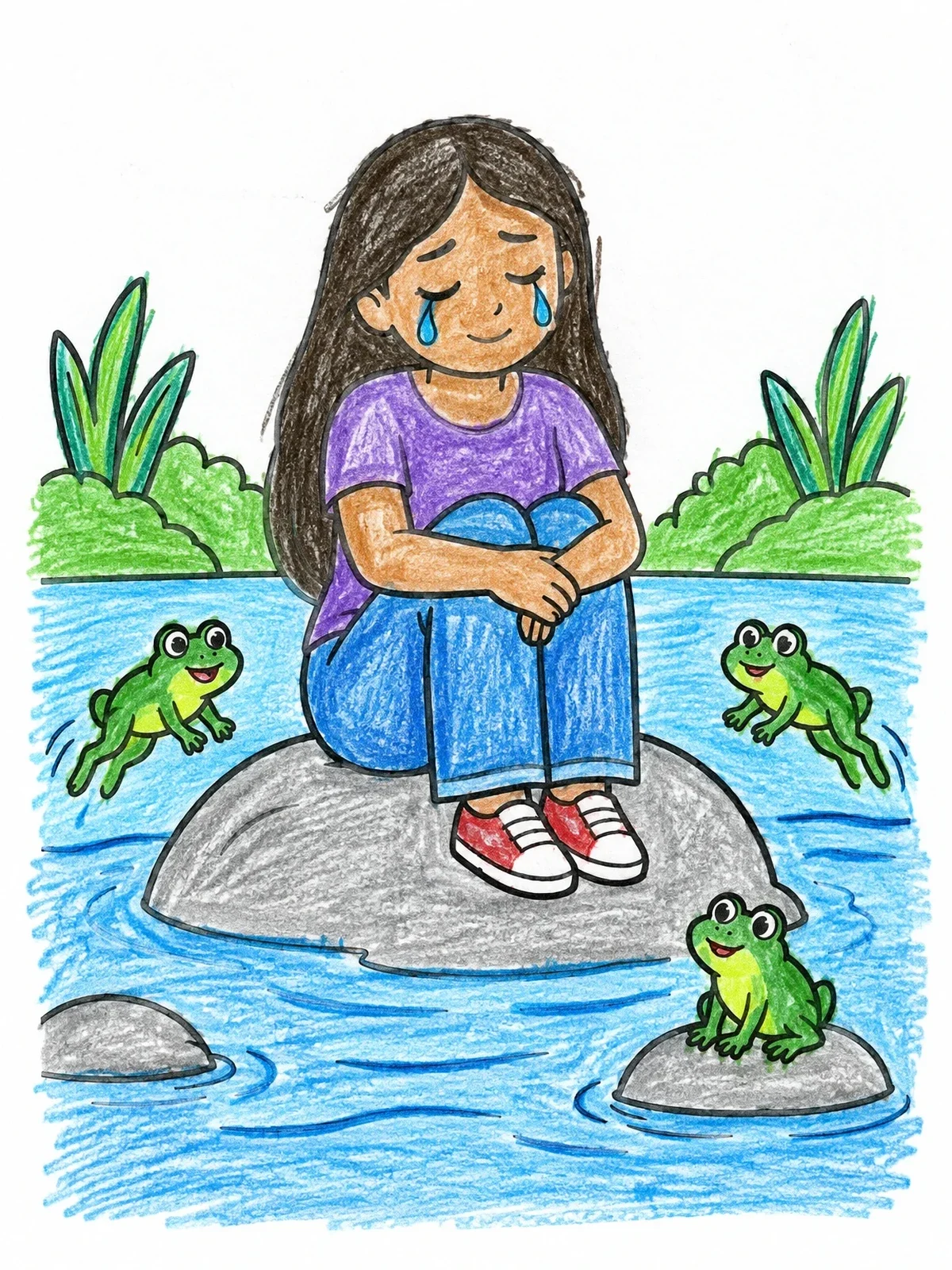 Colored example of the Weeping Girl With Friendly River Frogs coloring page