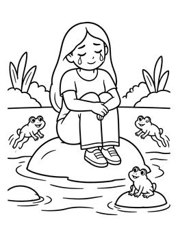 Free printable Weeping Girl With Friendly River Frogs coloring page