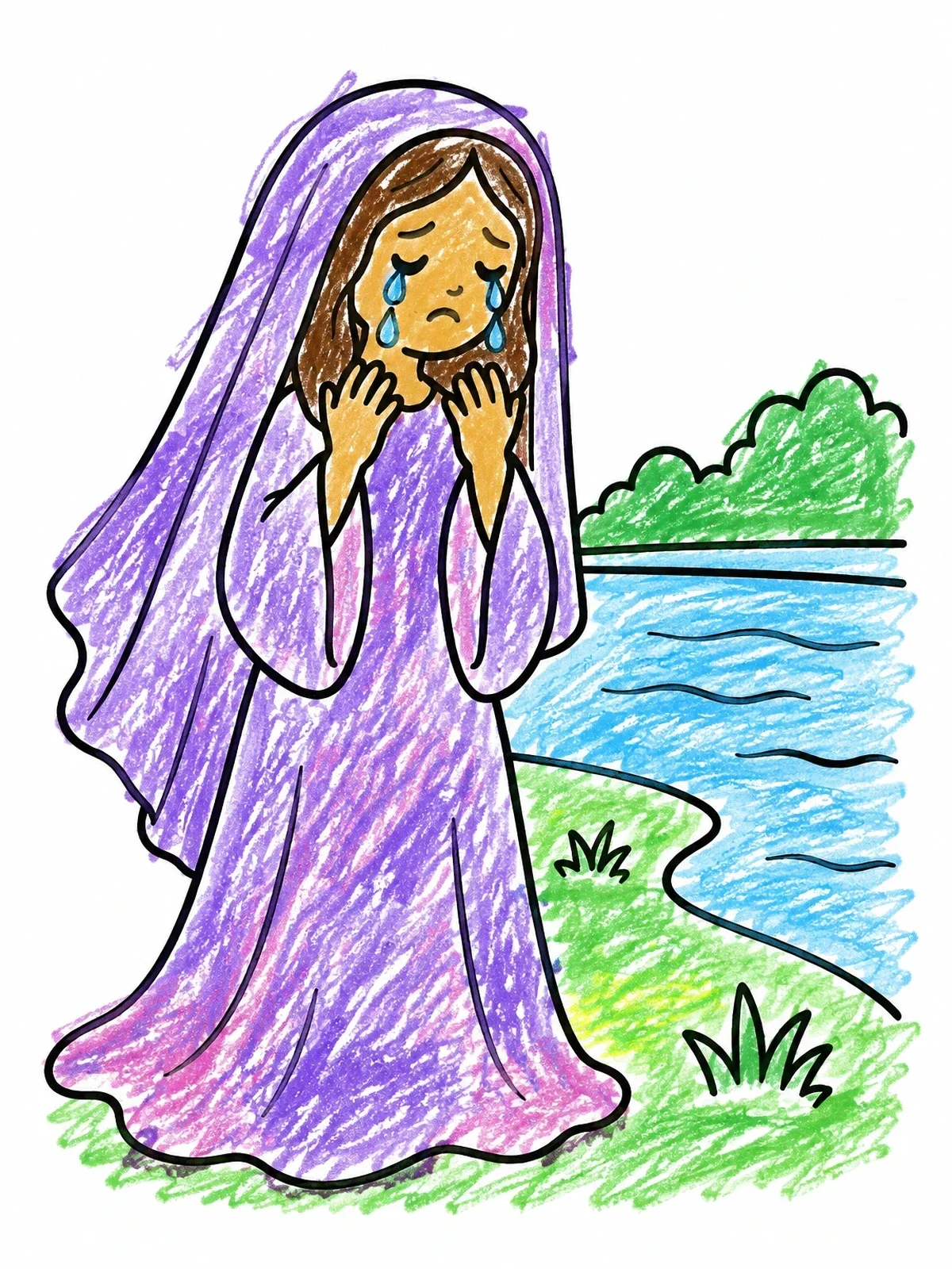 Colored example of the Weeping Woman By The River coloring page