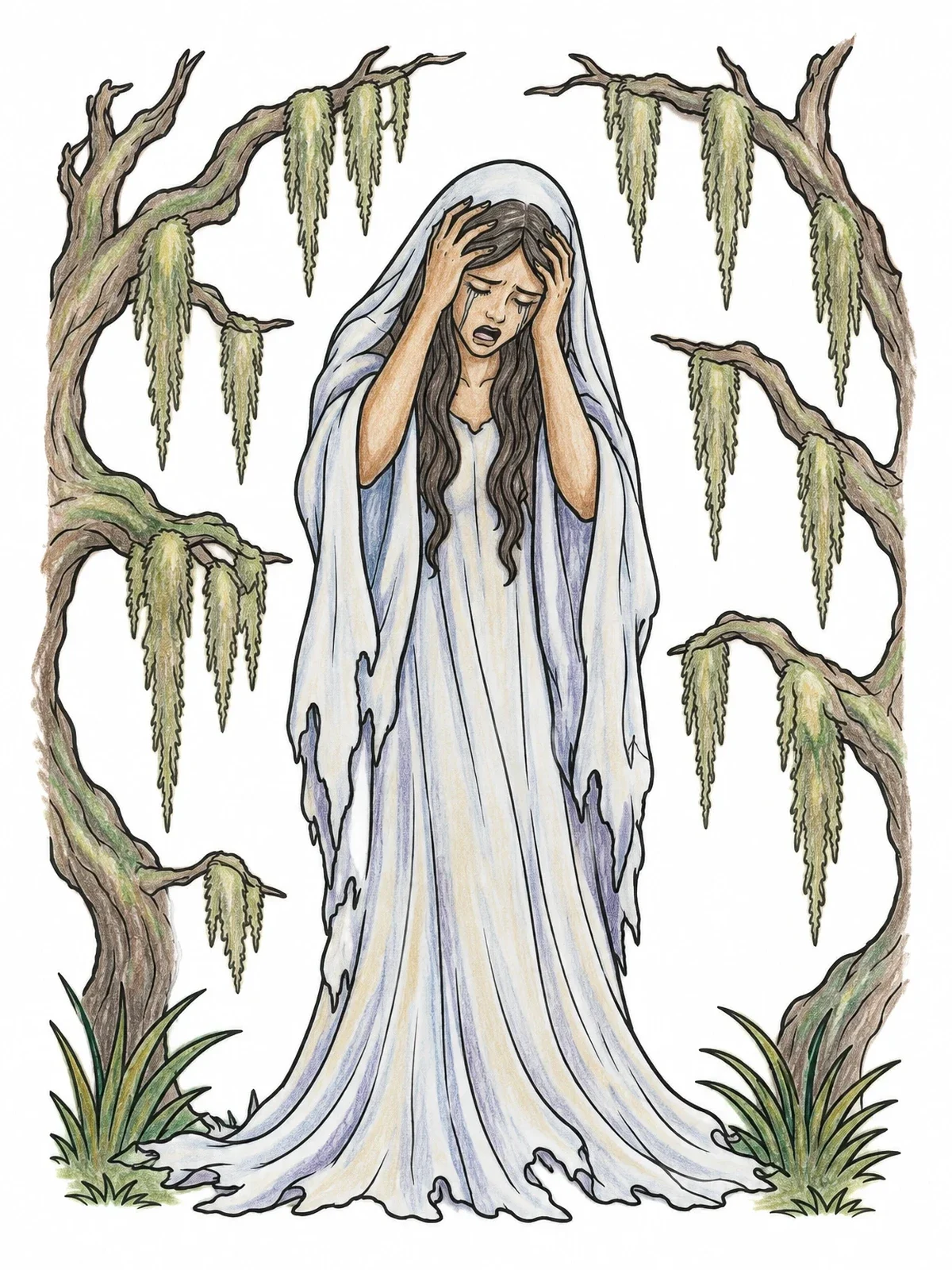Colored example of the Weeping Woman In The Mossy Woods coloring page