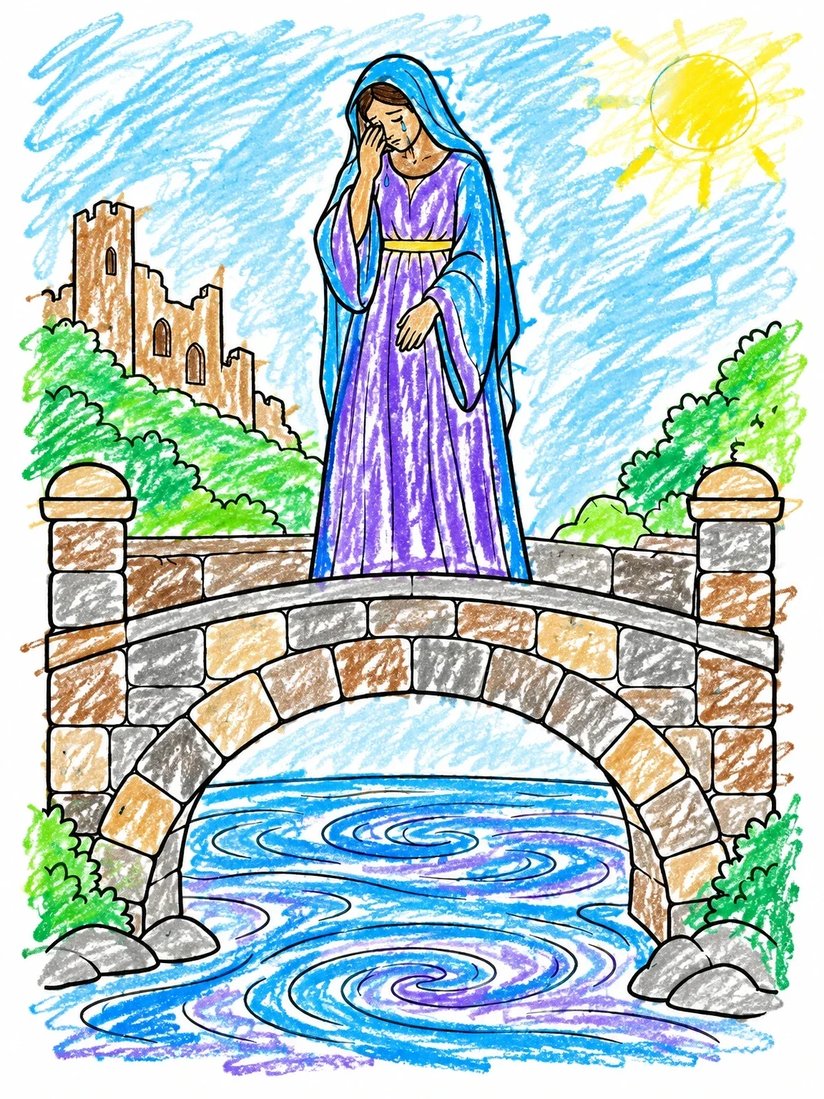 Colored example of the Weeping Woman On Stone Bridge coloring page