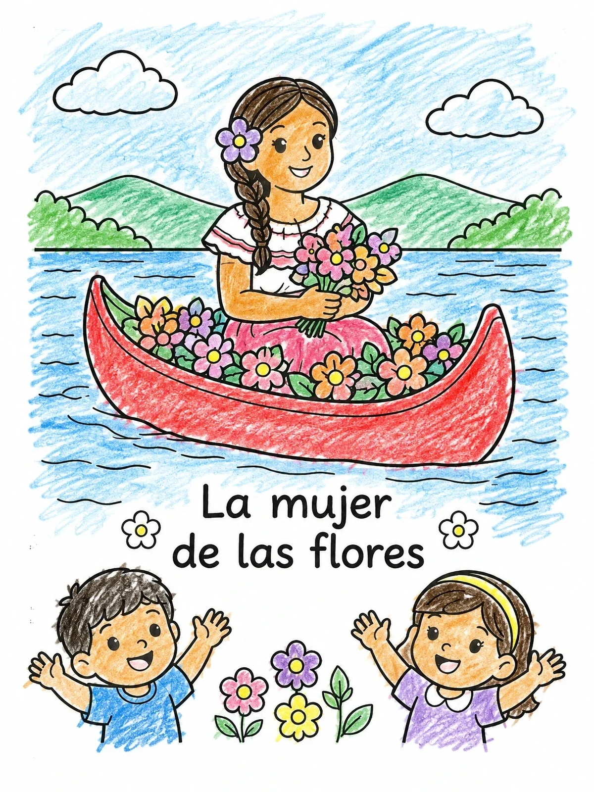 Colored example of the La Mujer De Las Flores Card coloring page