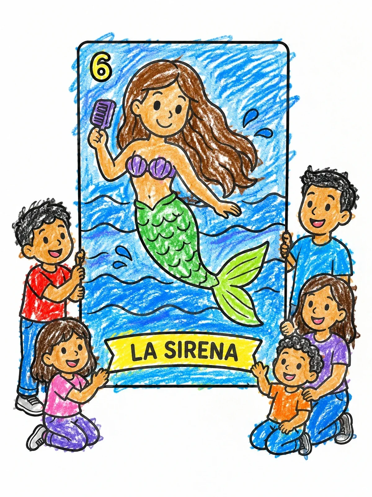 Colored example of the Children Holding La Sirena Loteria Card coloring page