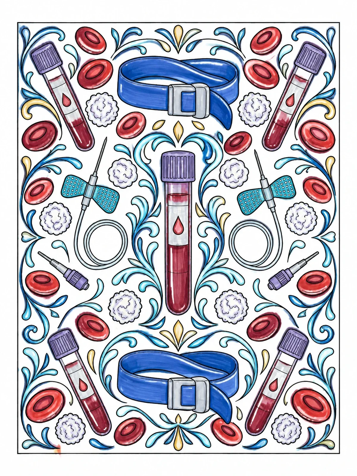 Colored example of the Phlebotomy Tools And Blood Cells Pattern coloring page