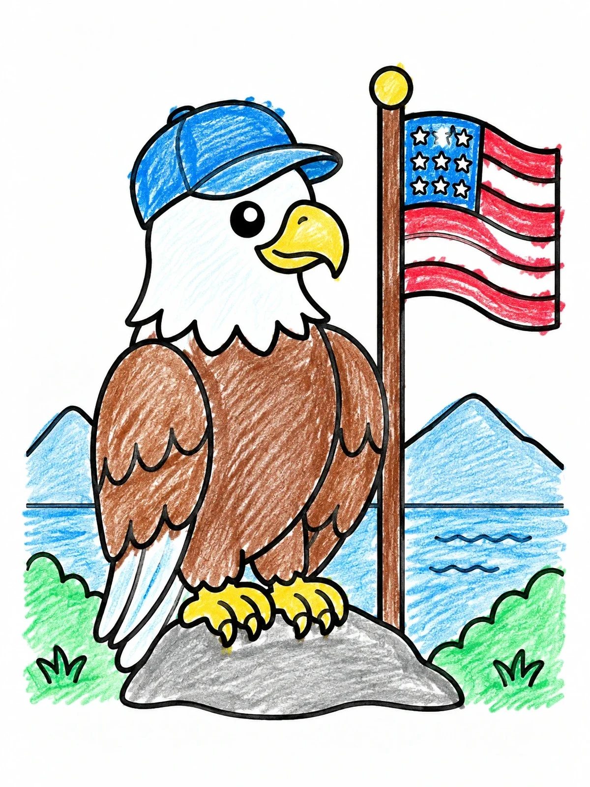 Colored example of the Bald Eagle With Cap And Flag coloring page