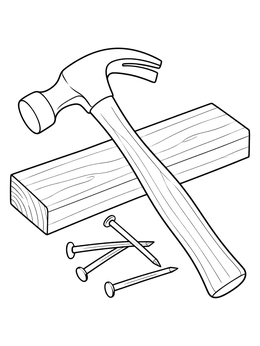 A claw hammer rests across a wooden plank beside nails in this labor day coloring page.