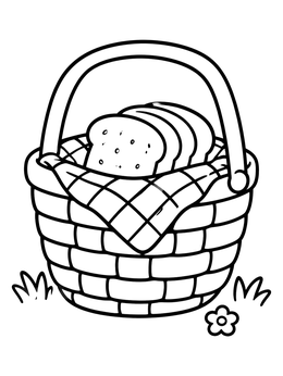 A labor day coloring page featuring a woven picnic basket with sliced bread on a checkered cloth.