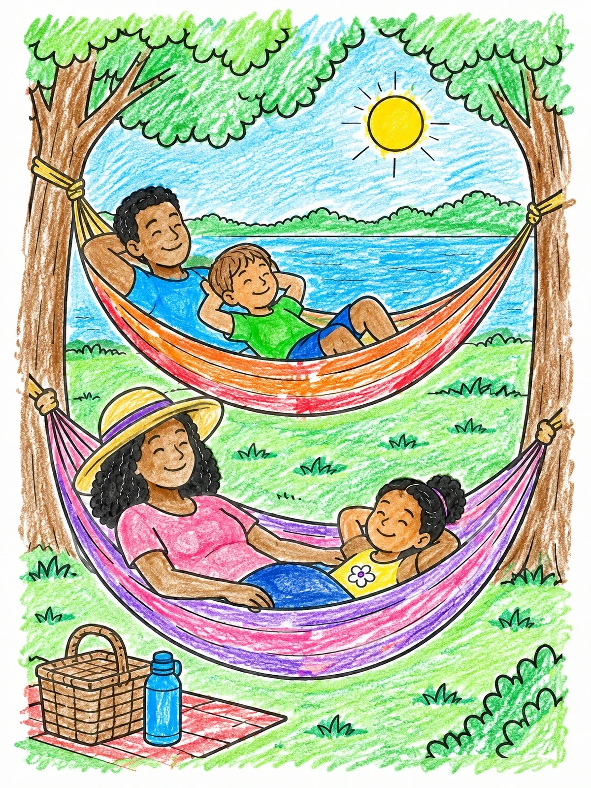 Colored example of the Family Relaxing In Hammocks Outdoors coloring page