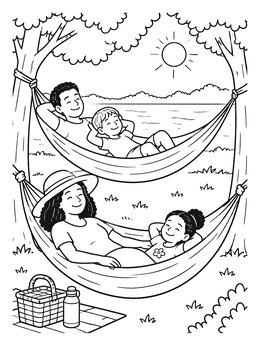 A family relaxing in hammocks outdoors on a sunny labor day coloring page.