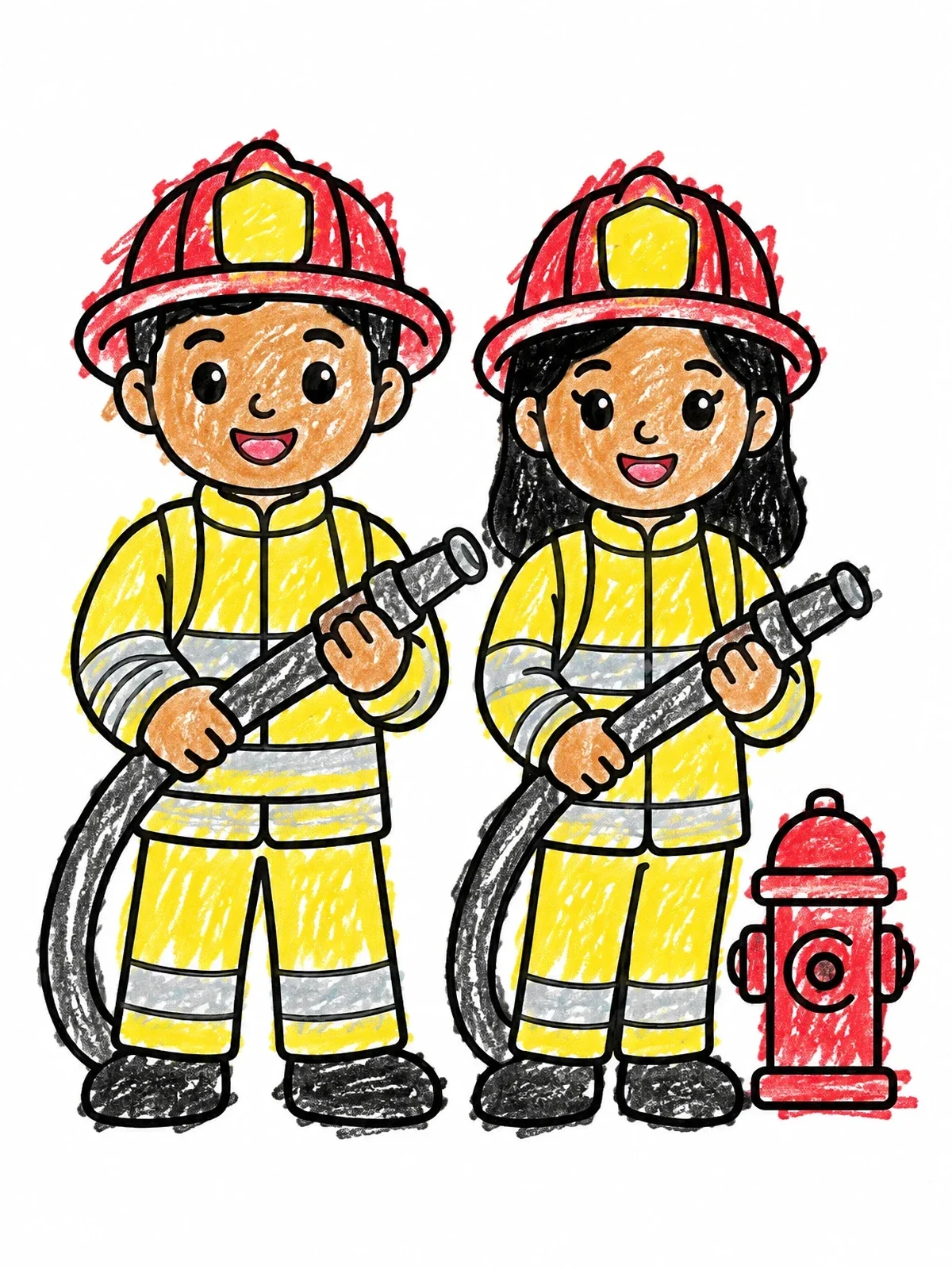 Colored example of the Friendly Firefighters With Hose And Hydrant coloring page