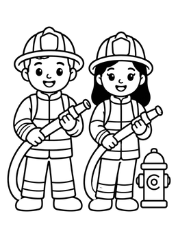 Free printable Friendly Firefighters With Hose And Hydrant coloring page