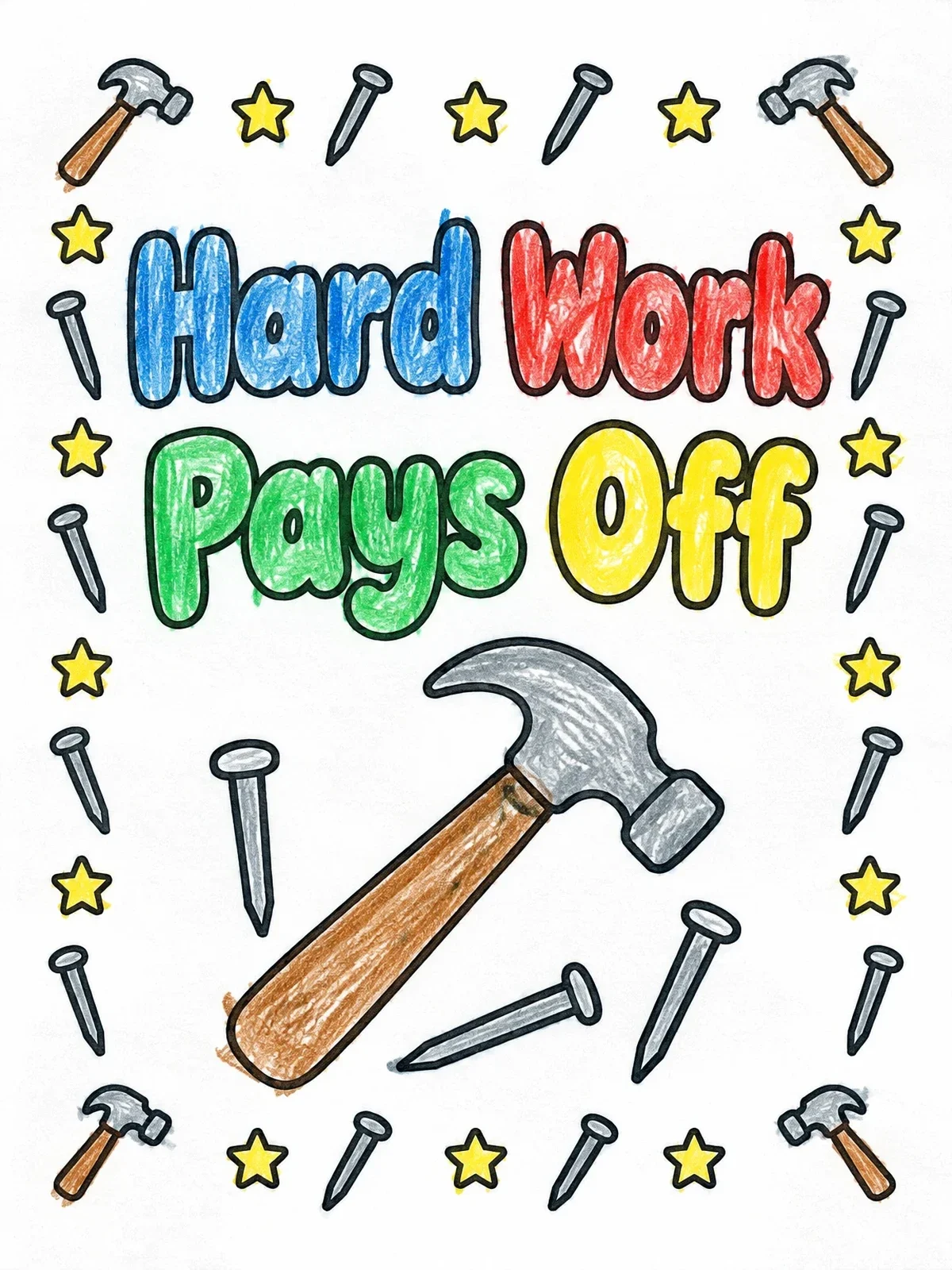 Colored example of the Hard Work Pays Off Hammer And Nails coloring page