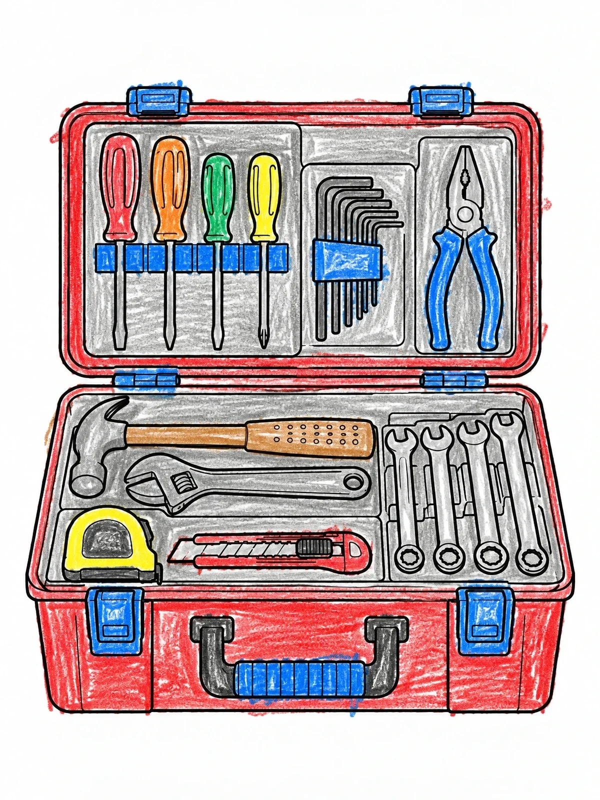 Colored example of the Open Tool Box With Hand Tools coloring page