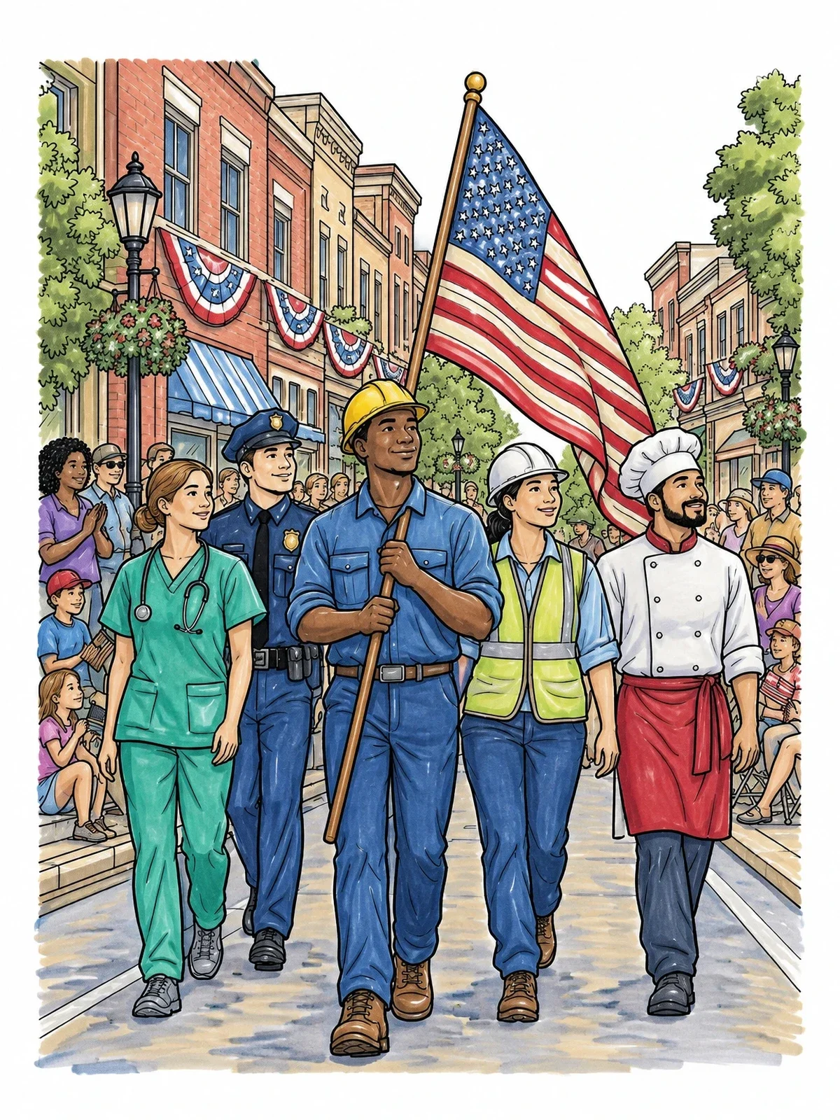 Colored example of the Labor Day Parade On Main Street coloring page