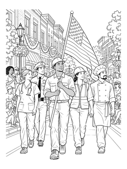 Essential workers march down a street in this labor day coloring page.