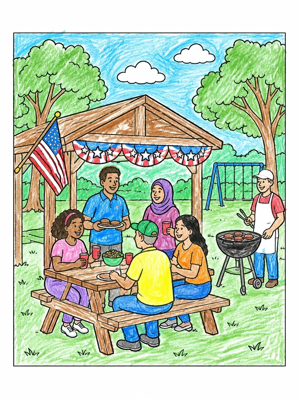 Colored example of the Family Picnic At The Park Pavilion coloring page