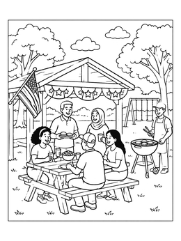 Free printable Family Picnic At The Park Pavilion coloring page