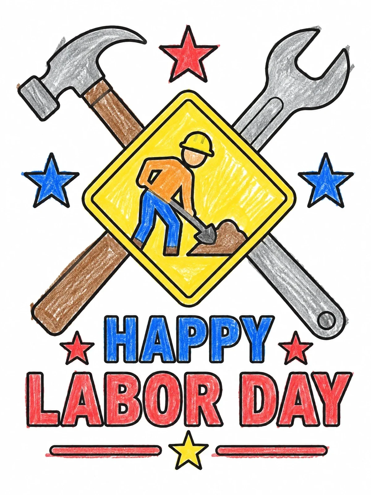 Colored example of the Labor Day Sign With Crossed Tools coloring page