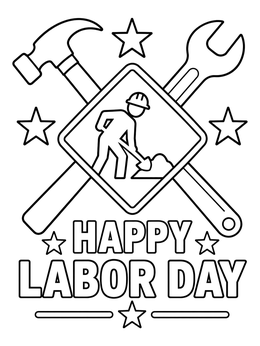 A construction sign with tools and stars features on this labor day coloring page.