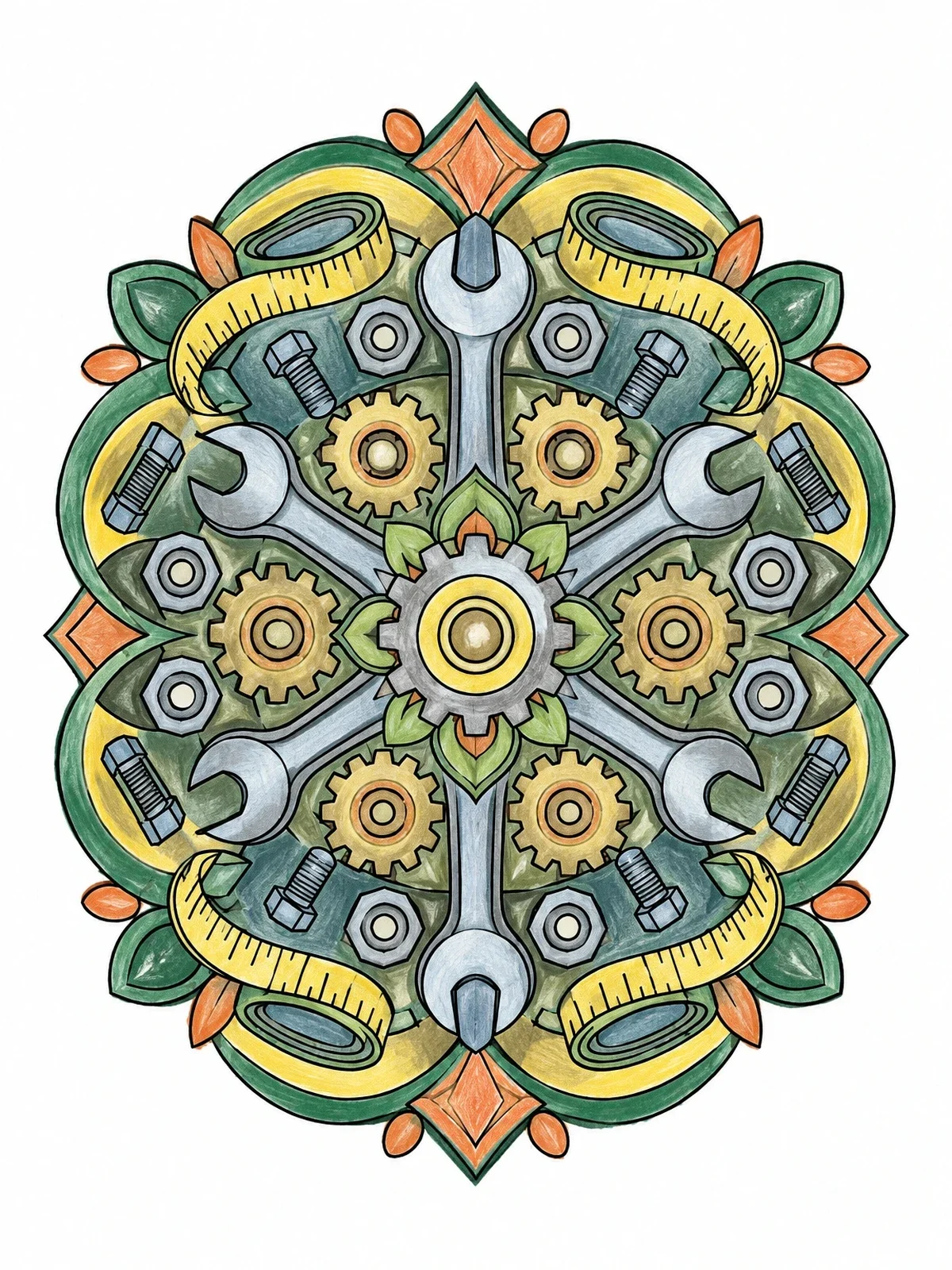 Colored example of the Intricate Tools And Gears Mandala coloring page