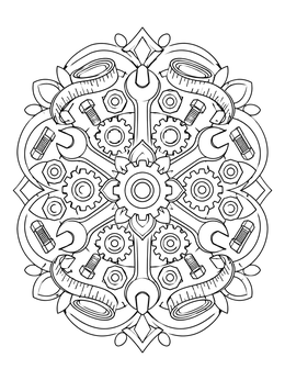 An intricate labor day coloring page featuring a mandala of wrenches, gears, and tape measures.