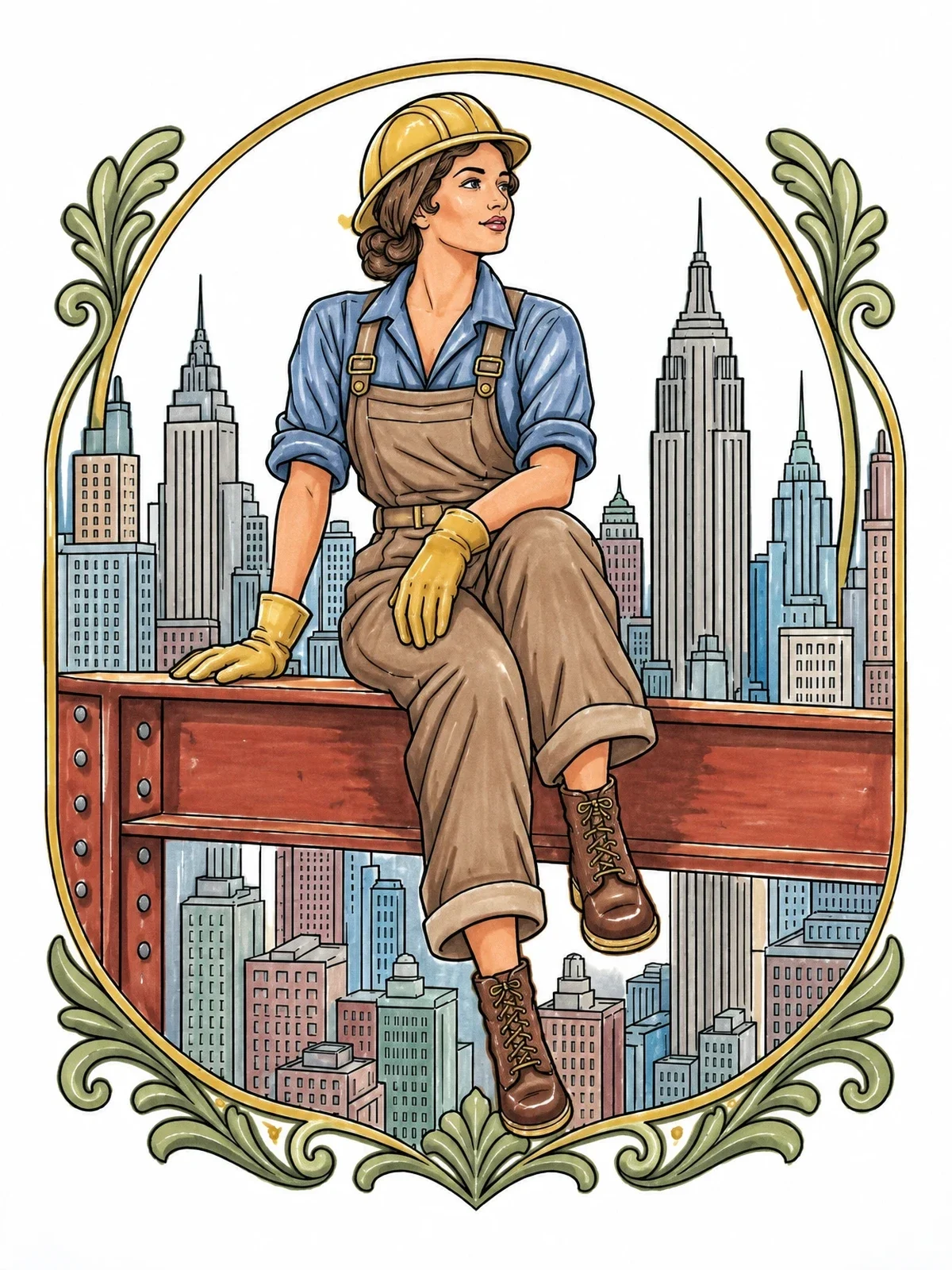 Colored example of the Vintage Construction Worker Over City coloring page