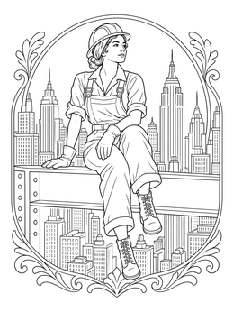 A female steelworker on a girder highlights this labor day coloring page.