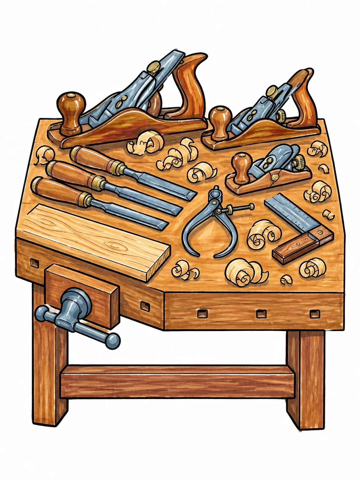Colored example of the Traditional Woodworking Workbench With Hand Tools coloring page