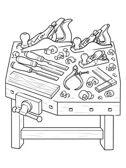 Classic carpenter bench in this labor day coloring page filled with hand planes, chisels, and wood shavings.