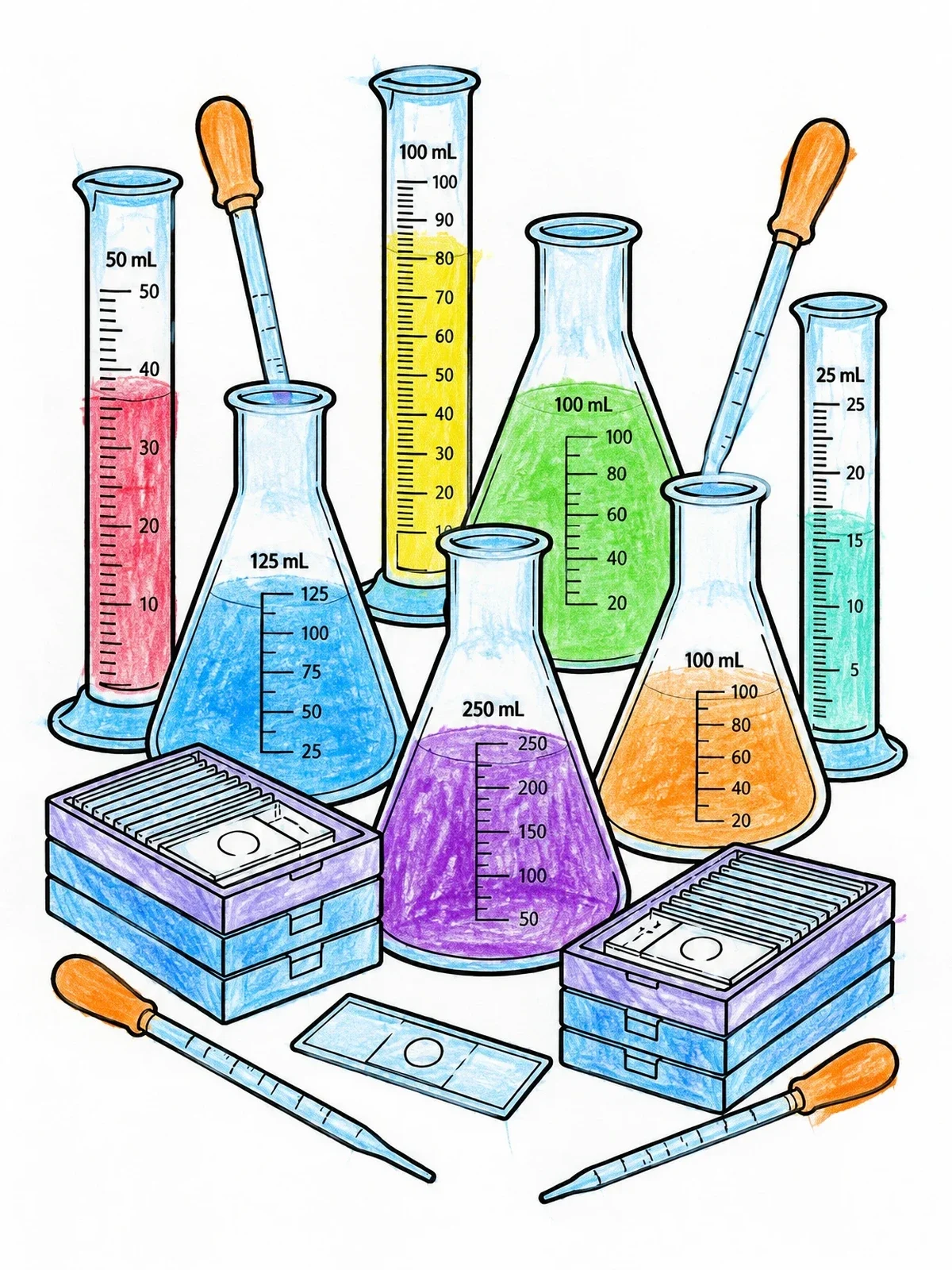 Colored example of the Laboratory Glassware And Slide Trays coloring page