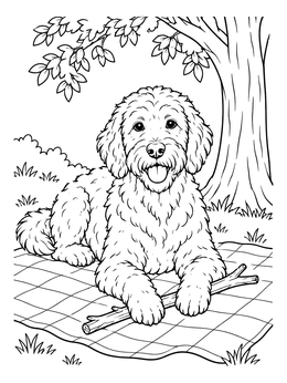 Free printable Labradoodle Resting Under A Tree coloring page