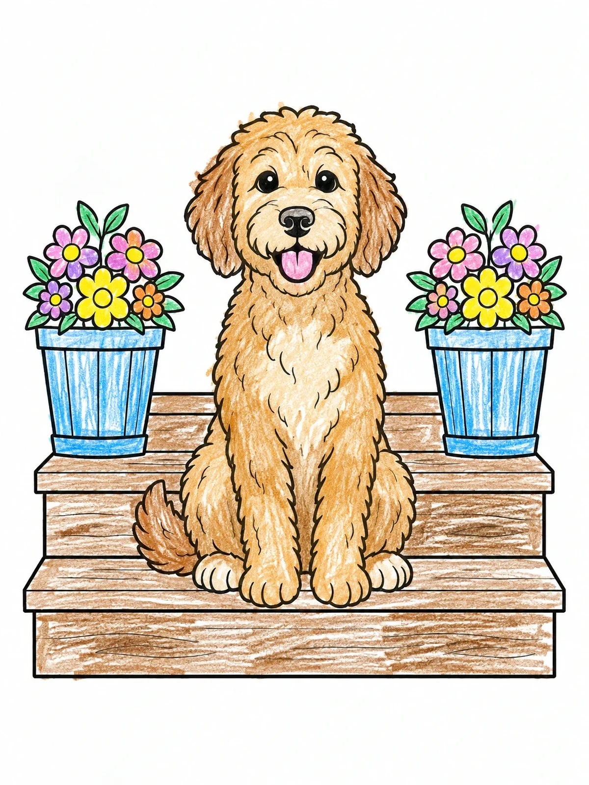 Colored example of the Labradoodle On Wooden Porch Steps coloring page