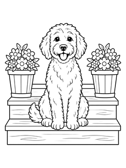 Free printable Labradoodle On Wooden Porch Steps coloring page