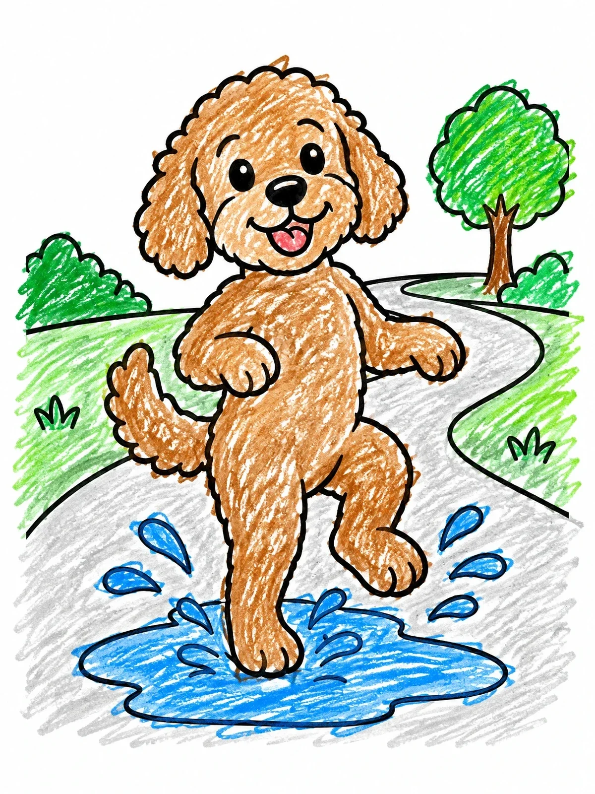 Colored example of the Playful Labradoodle Splashing In A Puddle coloring page